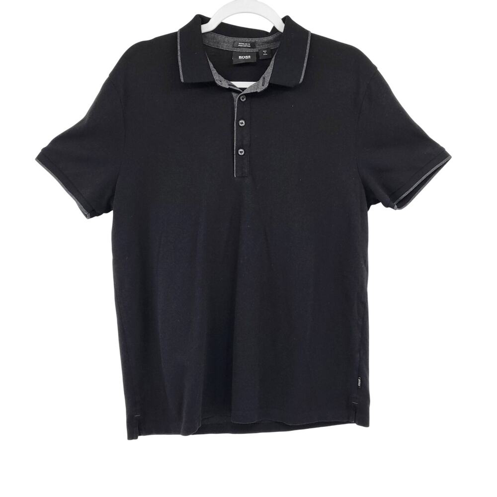 BOSS HUGO BOSS Black & Gray Trim Cotton Short Sleeve Polo Shirt Men's Size XL